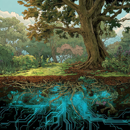 Digital Illustration of a Tree Surrounded by a Forest with Circuit Boardの素材