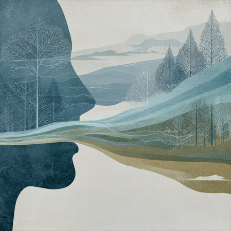 Double exposure of a man's face and a landscape with trees.の素材