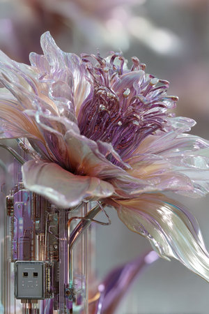 close-up of a flower in a glass vase on a tableの素材