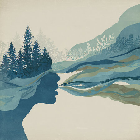 Silhouette of a girl in a pine forest against the background of the mountains.の素材