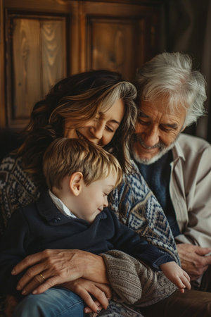 Grandfather, grandmother and grandson are sitting on the couch at home.の素材