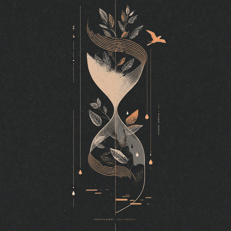 Hourglass with abstract leaves and birds. Hand drawn vector illustration.の素材