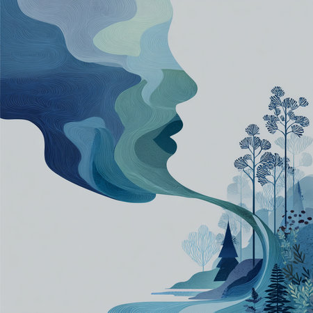 Abstract landscape with trees and lake in blue color. Vector illustration.の素材