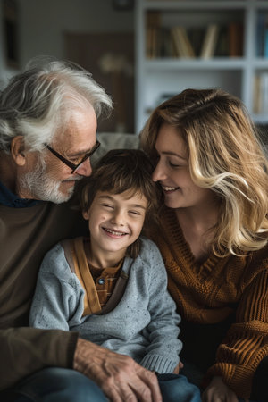 Portrait of happy family looking at camera while sitting on sofa at homeの素材