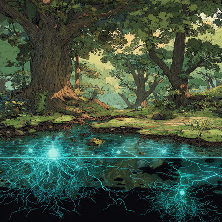 Fantasy landscape with old oak trees, river and lightning. Vector illustration.の素材