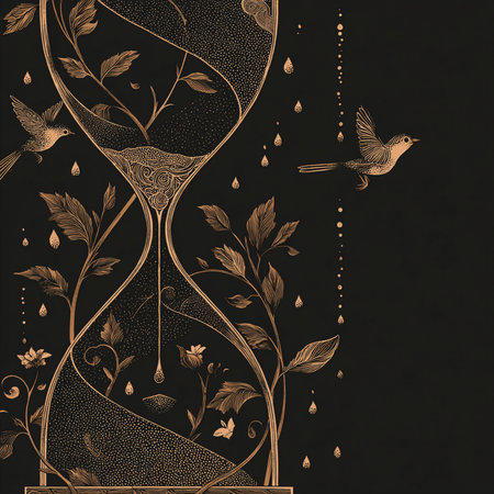 Vector illustration of hourglass with bird and floral pattern on dark backgroundの素材