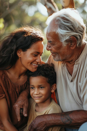 Portrait Of Grandparents And Grandson Relaxing In Park Togetherの素材