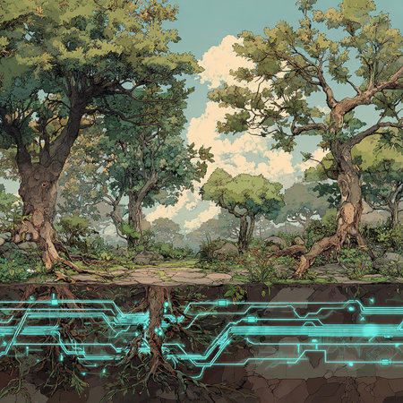 Futuristic landscape with trees and roots. Digital illustration. 3d renderingの素材