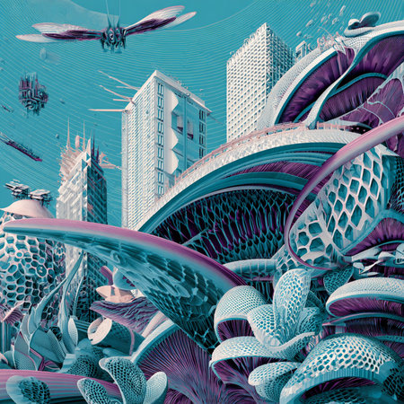abstract 3d illustration of futuristic city with buildings and skyscrapersの素材