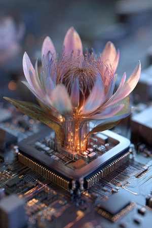 Close-up of electronic circuit board with lotus flower, 3d renderの素材