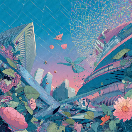 Abstract urban landscape with flowers, skyscrapers, buildings and birds.の素材