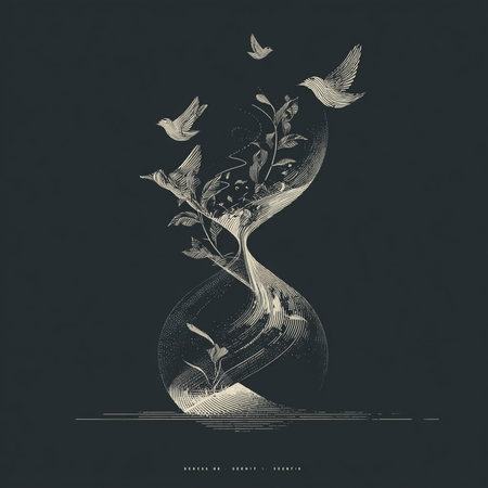Grunge illustration of a tree with birds in the form of an hourglass.の素材