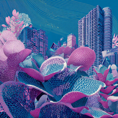 Abstract background with skyscrapers and flowers. 3D illustrations.の素材