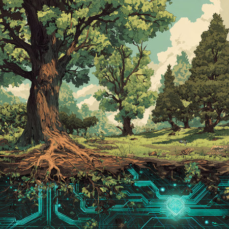 Digital illustration of a tree in the forest with a circuit board.の素材
