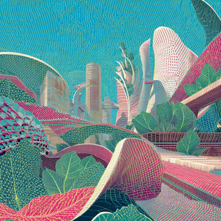 Abstract vector illustration of a city with skyscrapers and green leavesの素材