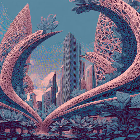 Illustration of a fantasy city with skyscrapers and trees.の素材