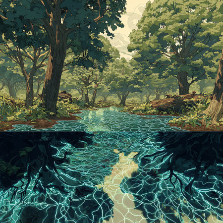 Illustration of a river flowing through a forest in the summer.の素材