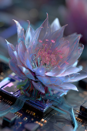 Close-up of electronic circuit board with microchips and flowersの素材