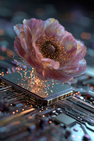Close-up of a computer processor with a flower on the motherboardの素材