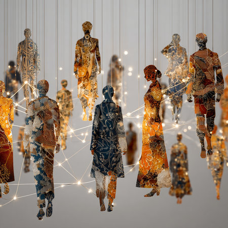 3d rendering of a group of women in ethnic clothes on the background of the networkの素材