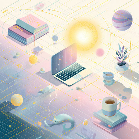 Isometric 3D illustration of a laptop, books and a cup of coffee on a light backgroundの素材