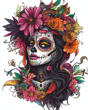 Day of the Dead sugar skull girl with flowers. Vector illustration.の素材
