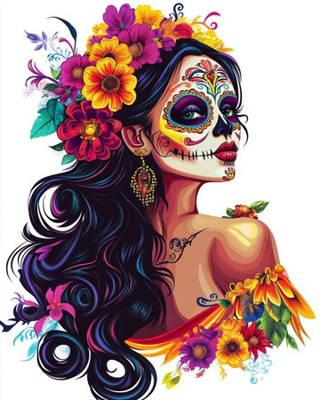 Day of the Dead sugar skull girl with flowers. Vector illustration.の素材