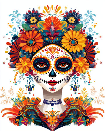 Day of the Dead sugar skull with colorful flowers. Vector illustration.の素材