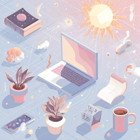 Flat 3d isometric vector illustration. Laptop, book, plant, cup of coffee on light background.の素材