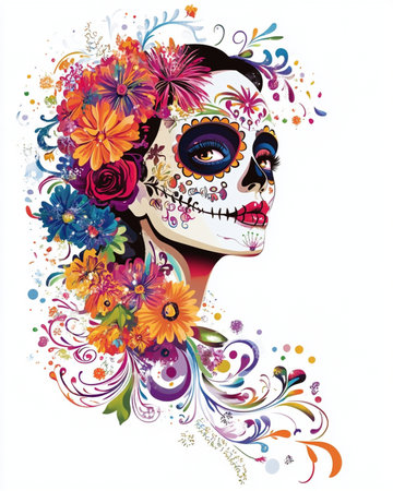 Day of the Dead sugar skull with colorful flowers. Vector illustration.の素材