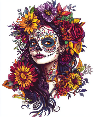 Day of the Dead sugar skull woman with flowers. Vector illustration.の素材