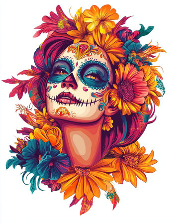 Day of the Dead. Sugar skull woman with flowers. Vector illustration.の素材