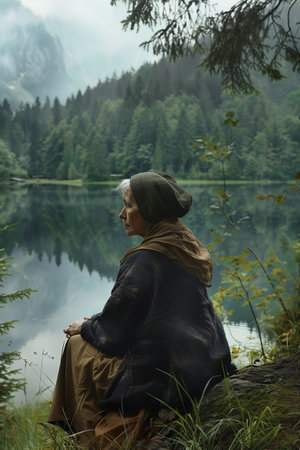 Mature woman sitting on the shore of a mountain lake in the mountainsの素材