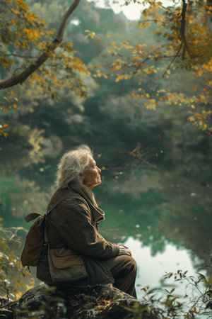 Senior woman sitting on a rock by the lake in autumn forest.の素材
