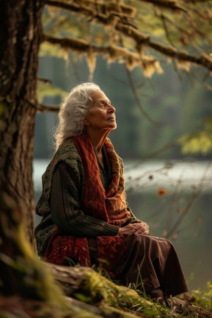 Portrait of a senior woman sitting in the woods by the lakeの素材