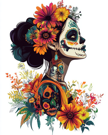 Day of the Dead sugar skull girl with flowers. Vector illustration.の素材