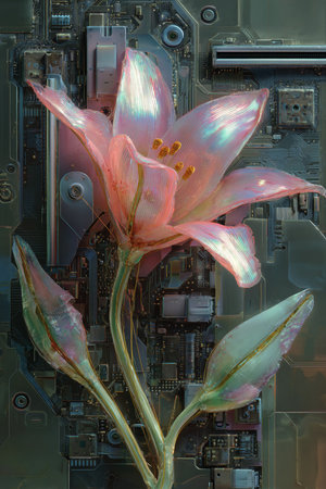 Close-up of a pink flower in front of a printed circuit boardの素材