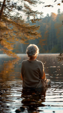Elderly woman sitting on the shore of a lake in autumnの素材