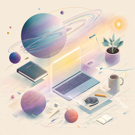 Top view of laptop, coffee cup, notebook, calculator and other items on abstract background. 3d renderingの素材