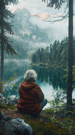 A woman sits on the shore of a mountain lake and looks at the mountainsの素材