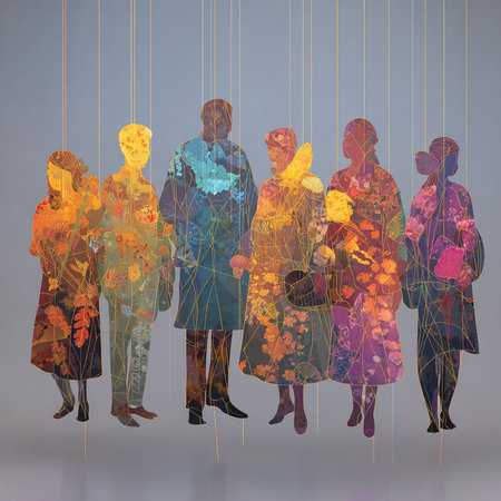 Silhouette of a group of people with colorful autumn leaves.の素材