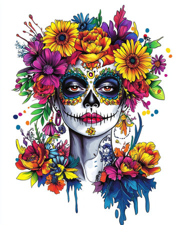 Day of the Dead sugar skull with colorful flowers. Vector illustration.の素材