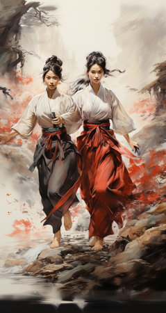 Two women in traditional kimono dancing in the water, digital paintingの素材