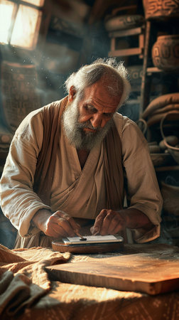 Portrait of a bearded old man in a bathrobe working in a pottery workshopの素材