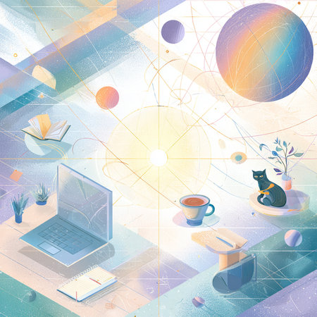 Modern office interior with laptop, coffee cup, books, globe, plants and other items.の素材