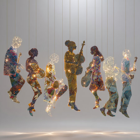 Silhouettes of people playing musical instruments on a light background.の素材