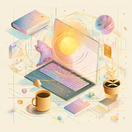 Laptop, books, coffee cup and other objects on the white backgroundの素材