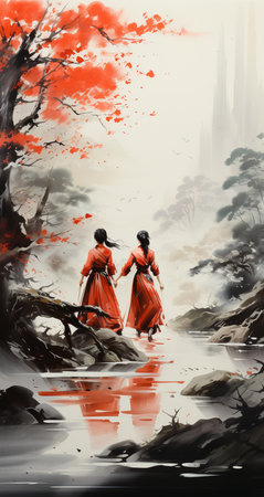 Digital painting of two women in traditional Chinese dress walking on the river.の素材