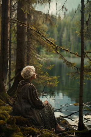 Elderly woman sitting on the shore of a mountain lake.の素材