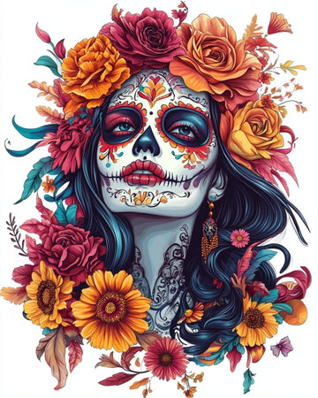 Day of the Dead. Sugar skull woman with flowers. Vector illustration.の素材